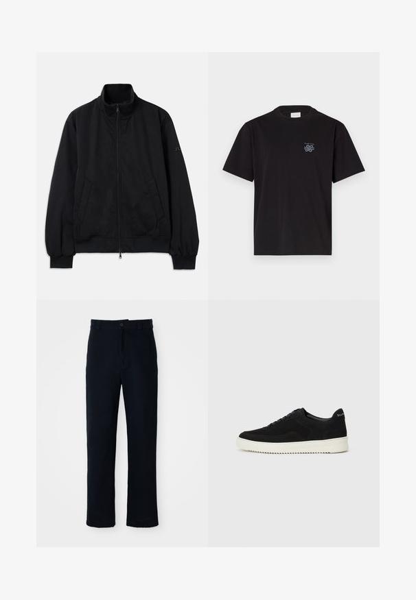 Čierna bunda s vysokým golierom, predným zipsom, dvoma bočnými vreckami, rebrovanými manžetami a lemom, vyrobená z hladkého materiálu. Jednoduchý dizajn, bez viditeľných log. ; Čierne bavlnené tričko s okrúhlym výstrihom a krátkymi rukávmi. Obsahuje malú modrú nášivku na ľavej hrudi. Jednoduchý, rovný strih.; Námornícke modré nohavice vyrobené z bavlny, so strihom rovného nohavice, predným zapínaním na gombík a klasickým pásom s pútkami na opasok.; Čierne semišové tenisky s šnurovacím dizajnom a kontrastnou bielou gumovou podrážkou. Obsahujú štruktúrované bočné panely a jemné logo na päte.