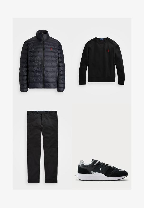 Black puffer jacket with a high collar, featuring quilted texture and a front zipper. Notable red logo on the chest, two side pockets.; Black long-sleeve crew neck sweatshirt with red Polo Ralph Lauren logo embroidered on the chest, laid flat on a white background.; Black chinos with a straight-leg fit, made of cotton blend fabric, featuring a zip fly, belt loops, and side pockets. Smooth texture.; Black and white low-top sneaker with mesh and suede upper, white laces, white sole, and a polo player logo on the side.