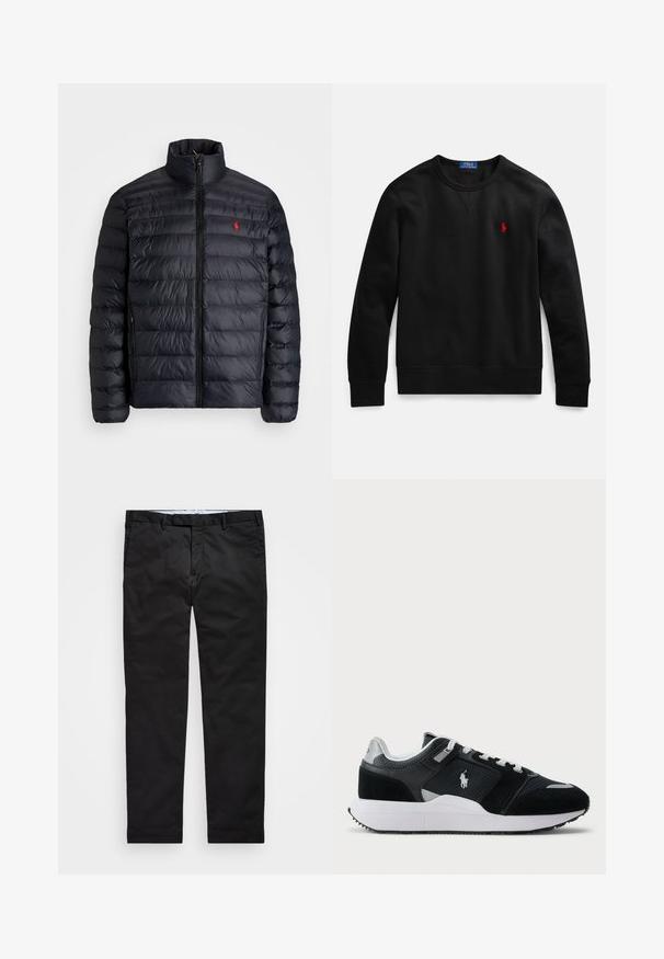 Svart pufferjacka med hög krage, med kviltad struktur och dragkedja fram. Anmärkningsvärd röd logotyp på bröstet, två sidofickor.; Svart crewneck-tröja i bomullsmaterial, med en liten röd logotyp på vänster bröst samt ribbstickade muddar och fåll.; Svarta chinos med rak passform, tillverkade av bomullsblandat tyg, med blixtlås, bälteshällor och sidofickor. Slät textur.; Svart och vit låg sneaker med överdel i mesh och mocka, vita snören, vit sula och en polo-spelare logo på sidan.
