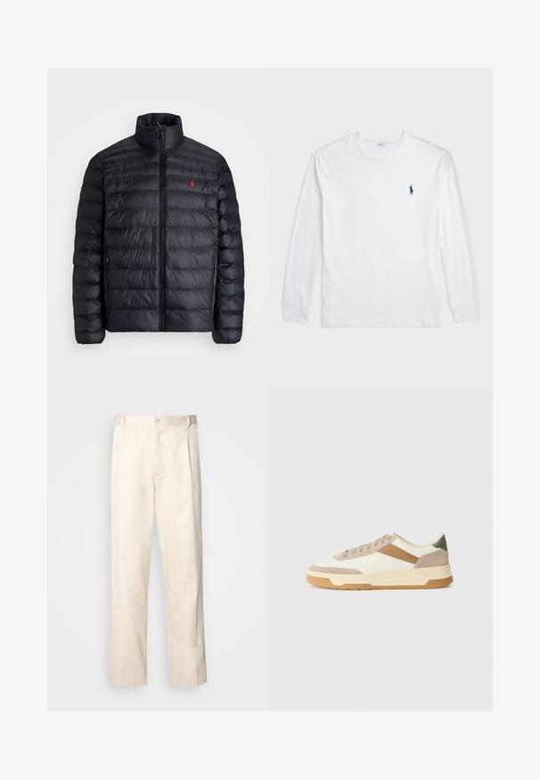 Melnā pūkainā jaka ar augstu apkakli, ar kvadrātkūtīgu tekstūru un priekšējo rāvējslēdzēju. Ievērojams sarkans logos uz krūtīm, divas sānu kabatas.; Baltas garām piedurknēm T-krekls, izgatavots no kokvilnas. Tam ir apaļa kakla izgriezne, ribotas piedurknes un neliels tumši zilas polo logo kreisajā krūtī.; Bežā krāsā auduma bikses ar taisnu kāju griezumu, pievienotām pogu aizdares un priekšējiem krokām papildu detaļām.; Beige, krēmas un olīvzaļas kedas, kas izgatavotas no zamšādas un ādas materiāliem, ar apaļu purngalu, minimālistisku dizainu un gumijas zoli.