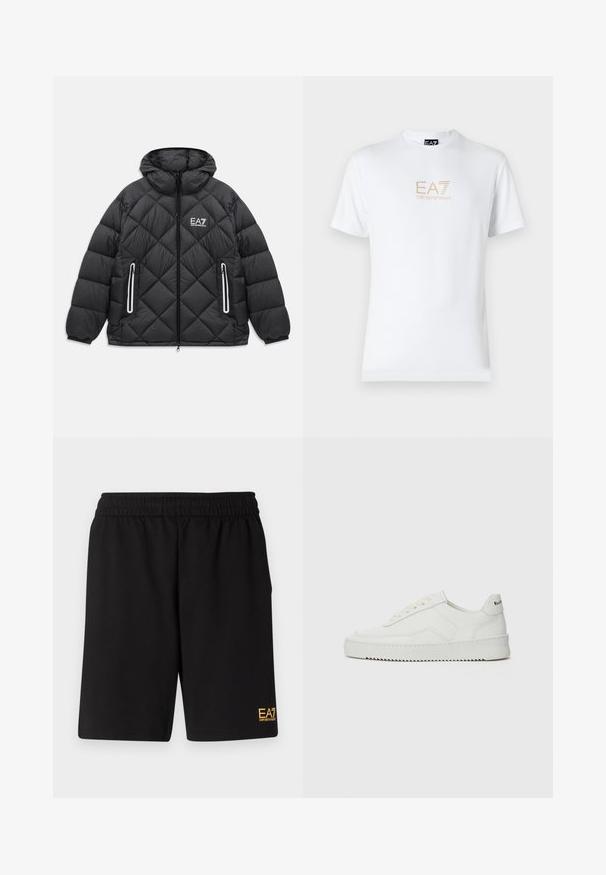 Svart quiltad jacka med huva, framzipper, två fickor med dragkedja med reflektiv trim, och EA7 Emporio Armani-logotyp på bröstet.; Vit bomull t-shirt med rund halsringning och korta ärmar, med en guld EA7 Emporio Armani-logotyp tryckt på framsidan.; Svarta träningsshorts i mjukt tyg, med ett elastiskt midjeband och en liten gul EA7-logotyp på nedre vänstra benet.; Vita lädersneakers med en jämn yta, rund tå, platta snörningar och en strukturerad sula. Har en diskret logotyp på hälen.