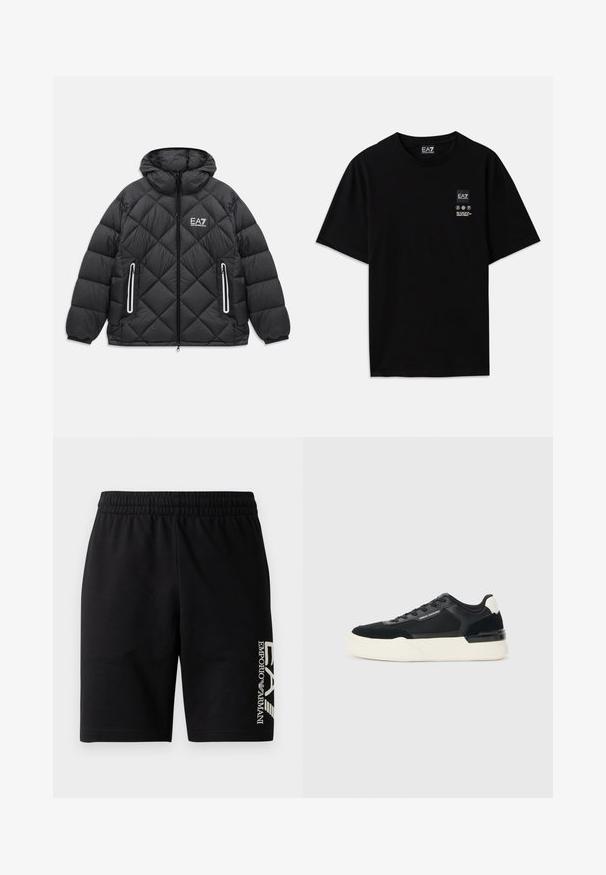 Crna bundeva jakna s kapuljačom, prednjim zatvaračem, dva džepa sa patentnim zatvaračem s reflektirajućim detaljima i EA7 Emporio Armani logom na prsima.; Crna pamučna majica s kratkim rukavima, okruglim izrezom i malom oznakom logotipa sprijeda koja sadrži simbole za njegu u bijeloj boji.; EA7 Emporio Armani TRAIN VISIBILITY - Kratke hlače - black/cream; Crne tenisice od mrežaste tkanine i kože, s debelim bijelim potplatom i kontrastnim detaljima. Šnure i logo detalj sa strane.