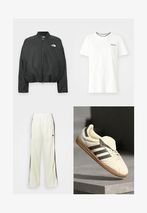 Svart bomberjakke med glidelåslukking, ribbestrikket krage og elastisk kant nederst. Har logo på brystet og glidelåslommer på siden. Glatt, lett materiale.; Hvit bomull t-skjorte med korte ermer og rund hals. Har en svart Adidas-logo på brystet og en kontrasterende svart indre krage.; Kremfargede joggebukser med en avslappet passform, som har mørkebrune sidestriper og en brodert logo på venstre lår.; Kremfargede lær sneakers med tre mørke striper, en brun gummisåle og en avrundet tå. Har en sammenleggbar tunga merket "SAMBA."