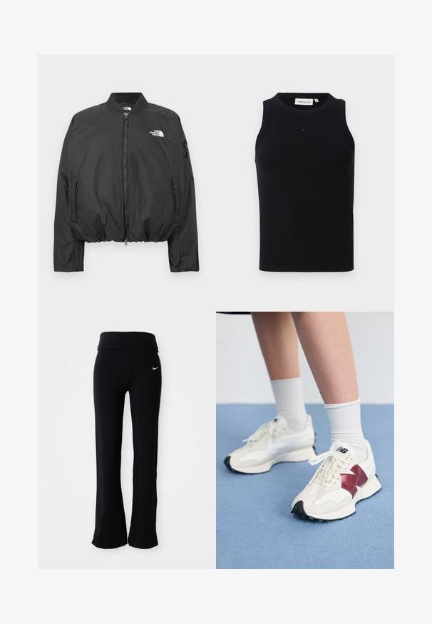 Czarna kurtka bomber z zamkiem błyskawicznym, prążkowanym kołnierzem i elastycznym dołem. Na piersi znajduje się logo, a po bokach kieszenie na zamki. Gładki, lekki materiał.; Czarna bezrękawnikowa bluzka wykonana z ribbowanej tkaniny, z okrągłym dekoltem i małym logo z przodu. Prosty, dopasowany krój.; Czarne spodnie sportowe z szerokim pasem, wykonane z gładkiego, elastycznego materiału. Posiadają małe, białe logo Nike na biodrze.; Para białych sneakersów z bordowymi akcentami, teksturowanymi panelami, płaską czarną podeszwą i jasnymi sznurowadłami, noszonych z białymi skarpetkami do kostek.