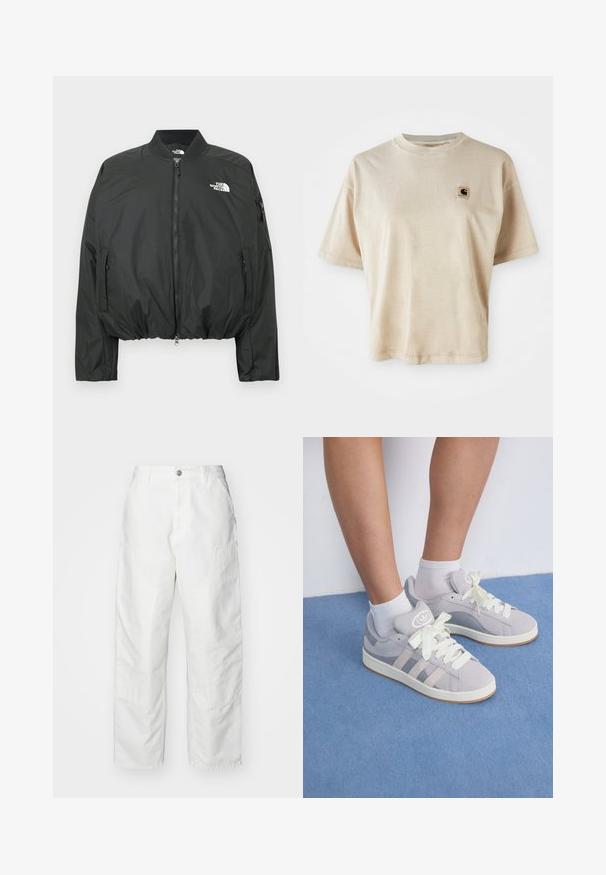 Črni bomber suknjič z zadrgo, rebrastim ovratnikom in elastičnim spodnjim delom. Na prsih ima logotip in stranske žepke z zadrgo. Gladek, lahek material.; Bež majica iz bombaža s opuštenim krojem, okruglim izrezom, kratkim rukavima i malim kvadratnim logom na lijevoj strani prsnog područja.; Beli cargo hlače iz denima, ki imajo sproščen kroj, stranske žepke in vidne šive. Enostavna sprednja stran z gumbom za zapiranje.; Sive športne copate iz zamšene kože z belimi vezalkami in gumijastim podplatom, ki imajo tri diagonalne črte ob strani in logotip na ježku.