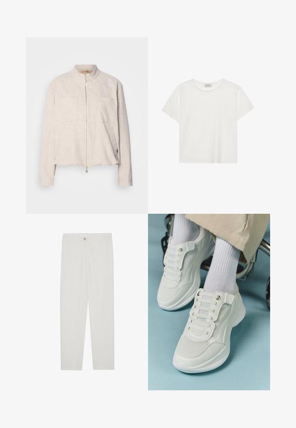 Hellbeige Jacke mit hohem Kragen, Frontreißverschluss, zwei Brusttaschen und einer strukturierten Stoffoberfläche. Verkürztes Design und subtile Nähdetails.; Weißes T-Shirt mit kurzen Ärmeln aus weicher Baumwolle. Verfügt über einen runden Halsausschnitt und eine lockere Passform. Sauberes Design ohne sichtbare Muster oder Akzente.; Weisse, maßgeschneiderte Hosen mit geradem Bein, die über einen Knopfverschluss, Gürtelschlaufen und Seitentaschen verfügen; glatte Stoffoberfläche.; Weiße Sneaker aus Mesh-Material, mit Gummisohle, schnürfreiem Design mit elastischen Bändern und goldfarbenen Akzenten.
