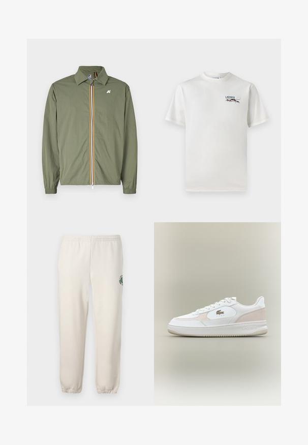 Olíva zöld, könnyű dzseki, elöl cipzárral, több színű csíkokkal, hegyes gallérral, elasztikus mandzsettákkal és kis logóval a mellkason.; Fehér pamut póló kerek nyakkivágással, rövid ujjal és egy kis gépi hímzésű logóval, amely hegyeket és szöveget ábrázol a bal mellen.; Világos bézs szabadidőnadrág, pamutból készült, rugalmas derékkal, bordázott mandzsettákkal, és zöld logóval, amely leveleket ábrázol, a bal lábon.; Fehér sportcipők sima bőr felsőrészsel, velúr részletekkel és gumitalppal. Jellemzője a dombornyomott logó és a fűzős dizájn. Minimalista esztétika.