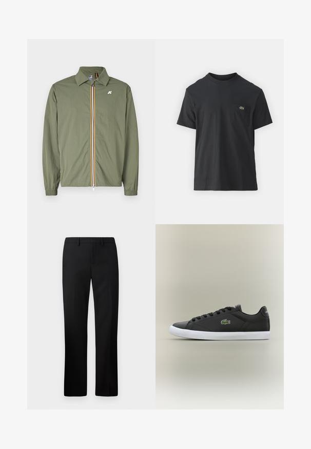 Oliivroheline kerge jakk, ees tõmblukuga, mitmevärviliste triipudega, terav krae, elastsed mansetid ja väike logo rinnal.; Must musta T-särk lühikeste varrukatega, ümmarguse kaelusega ja väikese rohelise logoga vasakus rinnataskus. Lihtne disain, regulaarne lõige.; Mustad püksid sirge säärega, valmistatud siledast kangast. Omadusteks on tasane esipind ja keskmise kõrgusega vööpais.; Mustad mustad nahast tennisetossud valge kummist tallaga, millel on roheline krokodillilogo ja ümmargused paelad, stiilne disain sujuva tekstuuriga.
