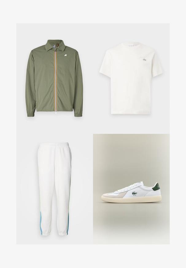 Olivově zelená lehká bunda, přední zip s vícebarevnými pruhy, špičatý límec, elastické manžety a malé logo na hrudi.; Bílá bavlněná tričko s krátkými rukávy, s jemně vyšitým logem a minimalistickým designem. Měkká textura, kulatý výstřih.; Bílé teplákové kalhoty s elastickým pasem, se zelenými a modrými bočními pruhy. Měkká látka s tapered (zkoseným) designem na kotnících.; Bílá teniska se zelenými akcenty, z materiálů semiš a kůže, kulatou špičkou, texturovanou podešví a vyšitým logem na boku a jazyku.