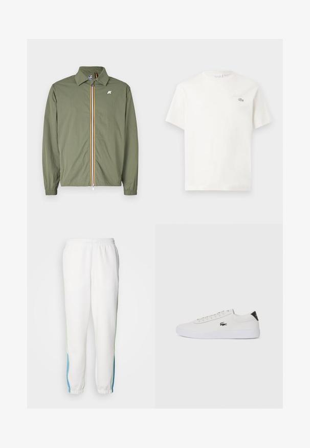 Oliņzaļš viegls mētelis, priekšējais rāvējslēdzis ar vairāku krāsu svītrām, izteikts apkakle, elastīgas aproces un neliela logotipa uz krūtīm.; Balts kokvilnas T-krekls ar īsām piedurknēm, kuram ir smalka izšūta logo un minimālisma dizains. Mīksta tekstūra, apaļa kakla izgriezums.; Baltas sporta bikses ar elastīgu jostu, ar zaļiem un ziliem sānu svītrainiem. Mīksta auduma ar sašaurinātu potīšu dizainu.; Baltas ādas sporta apavu modelis ar noapaļotu purngalu, sasienamu priekšpusi un melnu papēža akcentu. Satur nelielu izšūtu krokodila logo sānos.