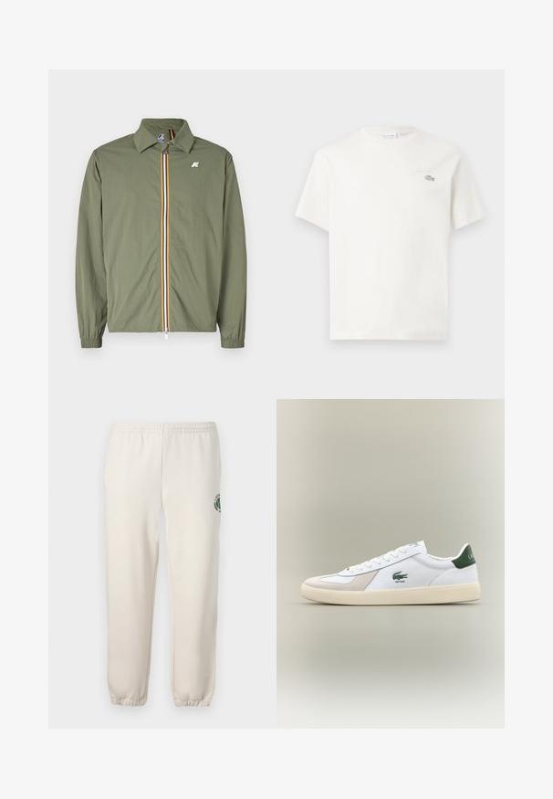 Olive green lightweight jacket, front zip with multi-colored stripes, pointed collar, elastic cuffs, and small logo on the chest.; White cotton t-shirt with short sleeves, featuring a subtle embroidered logo and minimalistic design. Soft texture, crew neckline.; Light beige sweatpants made of cotton, featuring an elastic waistband, ribbed cuffs, and a green logo with leaf design on the left leg.; White sneaker with green accents, suede and leather materials, rounded toe, textured outsole, and embroidered logo on side and tongue.