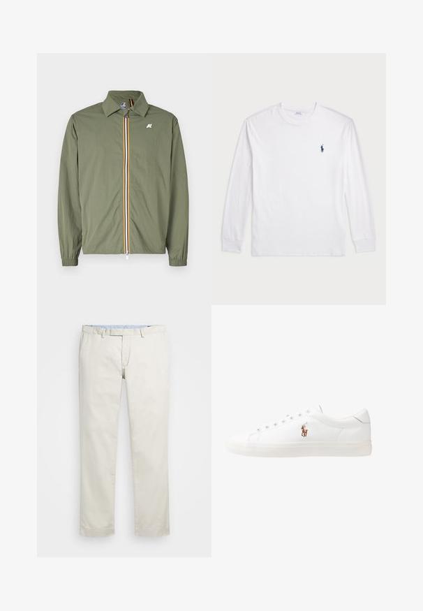 Zelenkasto-olivna lahka jakna, sprednji zadrge z večbarvnimi črtami, koničast ovratnik, elastični manšeti in majhna oznaka na prsih.; Bela dolga majica s dolgimi rokavi iz bombaža. Ima okroglo ovratnico, rebraste manšete in majhen temno moder polo logo na levem prsnem delu.; Bežna bombažna chinosa z ravnim sprednjim delom, zankami za pas in stranskimi žepi. Dizajn z ravnimi nogavicami z gladko teksturo in lahkotnim, zračnim občutkom.; Bela usnjena teniski čevlji, nizki model, z gladko teksturo, okrogle konice, vezavi spredaj ter majhnim vezenim logotipom na strani.