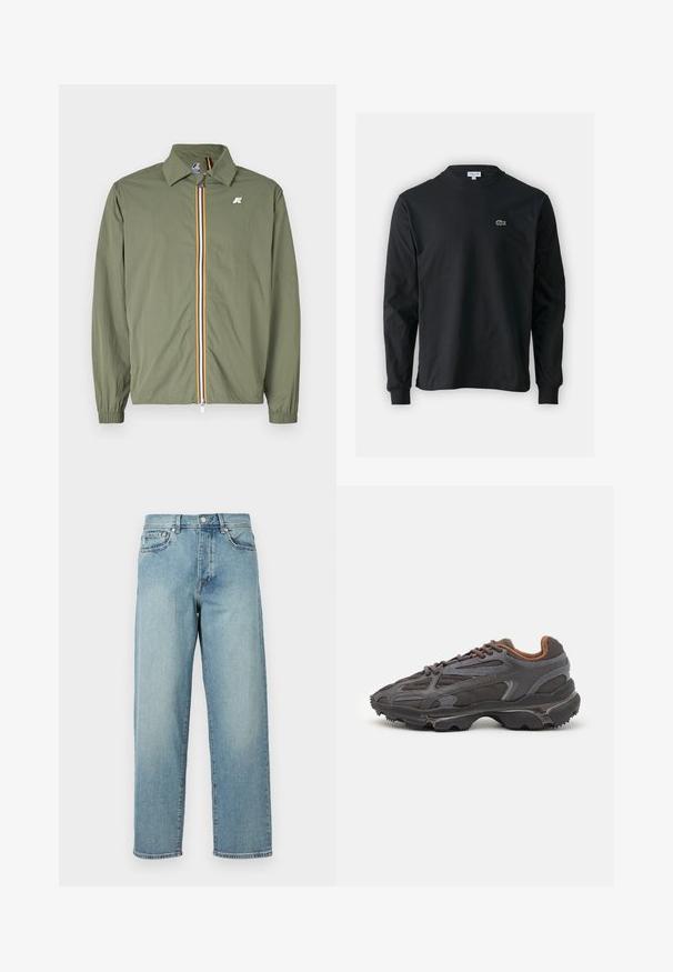 Zelenkasto-olivna lahka jakna, sprednji zadrge z večbarvnimi črtami, koničast ovratnik, elastični manšeti in majhna oznaka na prsih.; Črna dolgi rokavi majica iz bombaža, z okroglim ovratnikom in majhnim zelenim vezenim logotipom krokodila na levem prsnem delu.; Svetlo modri jeans z ohlapnim krojem, ravnimi hlačnicami, petimi žepi in gumbom za zapiranje pri pasu. Minimalistični detajli šivanja.; Lacoste teniske v temno sivi barvi z mrežasto in sintetično prevleko, s teksturiranim podplatom in rjavimi detajli na ovratniku ter blagovni znamki.