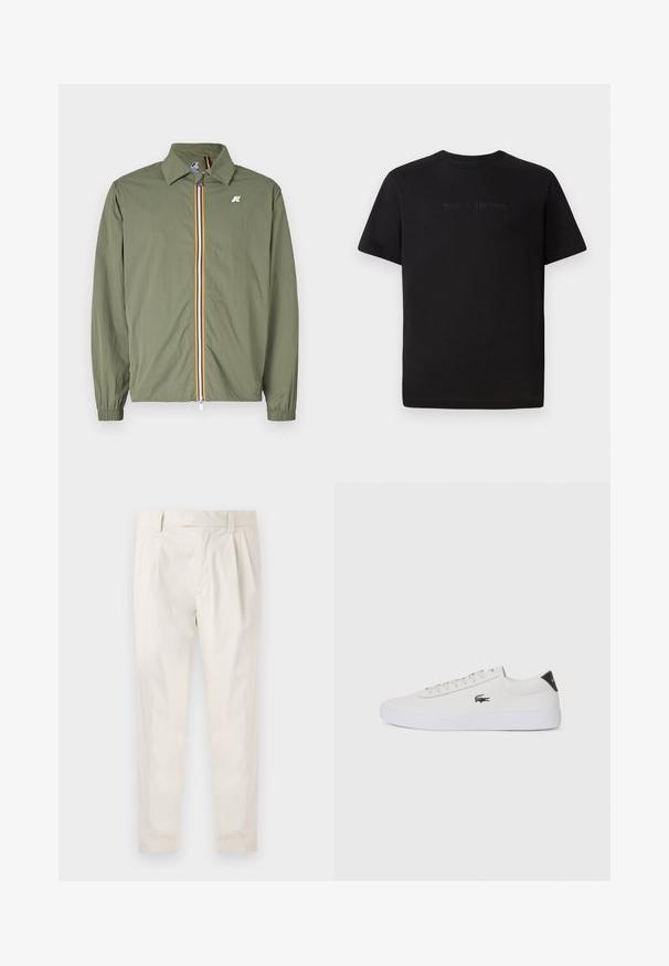 Olive green lightweight jacket, front zip with multi-colored stripes, pointed collar, elastic cuffs, and small logo on the chest.; Lacoste Basic T-shirt - black; White, pleated trousers with a tailored fit, featuring a smooth texture, belt loops, and tapered legs. No visible pockets or patterns.; White leather sneaker with round toe, lace-up front, and black heel accent. Features a small embroidered crocodile logo on the side.
