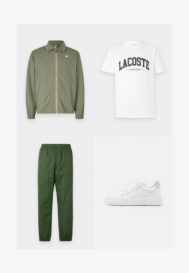Jasnozielona, lekka kurtka, z przodu na zamek błyskawiczny, z wielokolorowymi paskami, szpiczastym kołnierzykiem, elastycznymi mankietami i małym logo na piersi.; Biała koszulka z bawełny z nadrukowanym na piersi w zakrzywionym kształcie logo "LACOSTE SPORTSWEAR" w kolorach granatowym i oliwkowym.; Zielone sportowe spodnie we wzory z elastycznym pasem, zwężanymi nogawkami i geometrycznym wzorem w całej powierzchni. Wykonane z lekkiego materiału.; Białe skórzane trampki o gładkim wykończeniu, zaokrąglonym nosku, płaskich sznurówkach i teksturowanej podeszwie. Szary zamszowy akcent na pięcie.