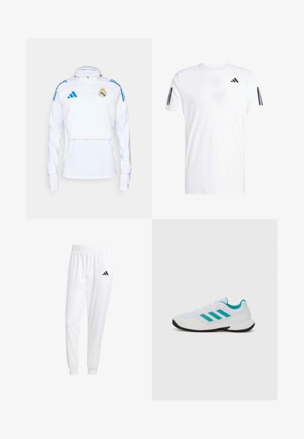 Weißer sportlicher Pullover mit langen Ärmeln, halber Reißverschluss und blauen Akzenten. Verfügt über das Wappen von Real Madrid und Adidas-Logos. Glatte Textur.; Weißes T-Shirt aus Stoff mit kurzen Ärmeln, Rundhalsausschnitt und drei schwarzen diagonalen Streifen an jedem Ärmel. Dezentes Logo auf der Brust.; Weiße Sporthose aus glattem Stoff, mit einem elastischen Bund und enganliegenden Bündchen, mit einem schwarzen Logo auf der Gesäßtasche.; Weißer Sportschuh mit türkisfarbenen Akzenten, Obermaterial aus Mesh, drei parallelen Streifen an der Seite, strukturiertem Fersenbereich und einer schwarzen Gummisohle.