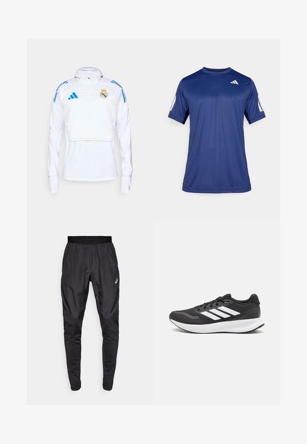 Balts sporta pulvers ar garajām piedurknēm, pus-izsienamu apkakli un zila akcentiem. Iespējo Real Madrid emblēmu un Adidas logotipus. Gluda tekstūra.; Navy zila īsām piedurknēm sporta krekls, kas izgatavots no gludas auduma, ar apaļu kakla izgriezumu un baltu logotipa detaļu kreisajā augšējā krūtīs.; Melni sporta bikses ar elastīgu jostasvietu, sānu kabatām un kontrastējošām tekstūras paneļiem uz kājām. Asics logo uz gūžas.; Melnas sporta kurpes ar elpojošu acs augšu, baltām akcentiem un mīkstu zoli. Sānā ir trīs svītru logo.