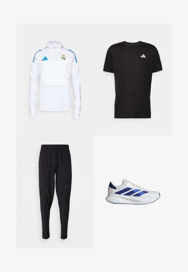 Hvid sportslig pullover med lange ærmer, halvdels lynlås krave og blå accenter. Har Real Madrid-logoet og Adidas-logoer. Glat tekstur.; Sort bomulds T-shirt med korte ærmer, rund hals og et hvidt logo på venstre bryst. Glat tekstur og enkelt design.; Sorte træningsbukser med elastisk talje, tætsiddende design, sidelommer og diskret logo-detail. Fremstillet af fleksibelt, åndbart stof.; Hvide atletiske sko med blå accenter, mesh-overdel, tre blå striber, rund tå, letvægts sål og tekstureret overflade for greb.