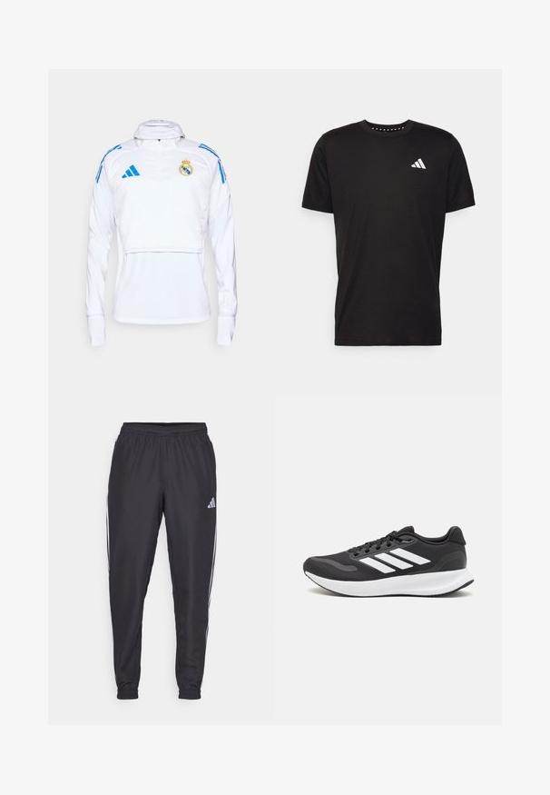 Balts sporta pulvers ar garajām piedurknēm, pus-izsienamu apkakli un zila akcentiem. Iespējo Real Madrid emblēmu un Adidas logotipus. Gluda tekstūra.; Melna kokvilnas t-krekls ar īsām piedurknēm, apaļu dekoltē un balto logo uz kreisā krūts. Gluda tekstūra un vienkāršs dizains.; Melni sporta bikses ar elastīgu jostu, kurām abās pusēs ir baltas svītras un maza logo uz gurniem. Gluda tekstūra.; Melnas sporta kurpes ar elpojošu acs augšu, baltām akcentiem un mīkstu zoli. Sānā ir trīs svītru logo.