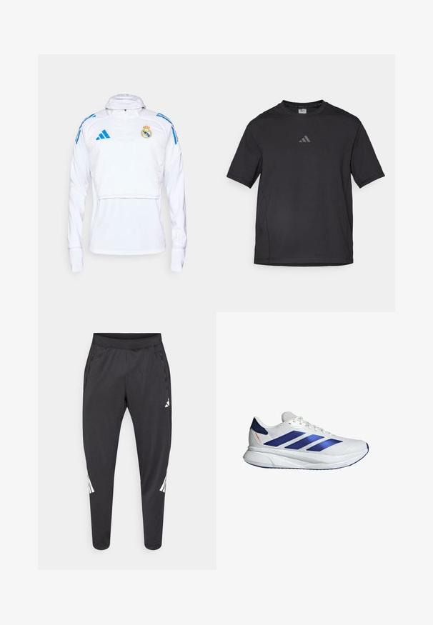 Biała sportowa bluza z długimi rękawami, z półzamkiem i niebieskimi akcentami. Zawiera herb Realu Madryt oraz logo Adidasa. Gładka tekstura.; Czarna sportowa koszulka wykonana z oddychającego materiału, z krótkimi rękawami, okrągłym dekoltem i odblaskowym logo na piersi.; Czarne spodnie sportowe o zwężanych nogawkach, z elastycznym pasem, bocznymi kieszeniami oraz białym logo i paskami. Wykonane z gładkiego, lekkiego materiału.; Białe buty sportowe z niebieskimi akcentami, siateczkowa cholewka, trzy niebieskie paski, zaokrąglony nosek, lekka podeszwa i teksturowana powierzchnia dla lepszej przyczepności.