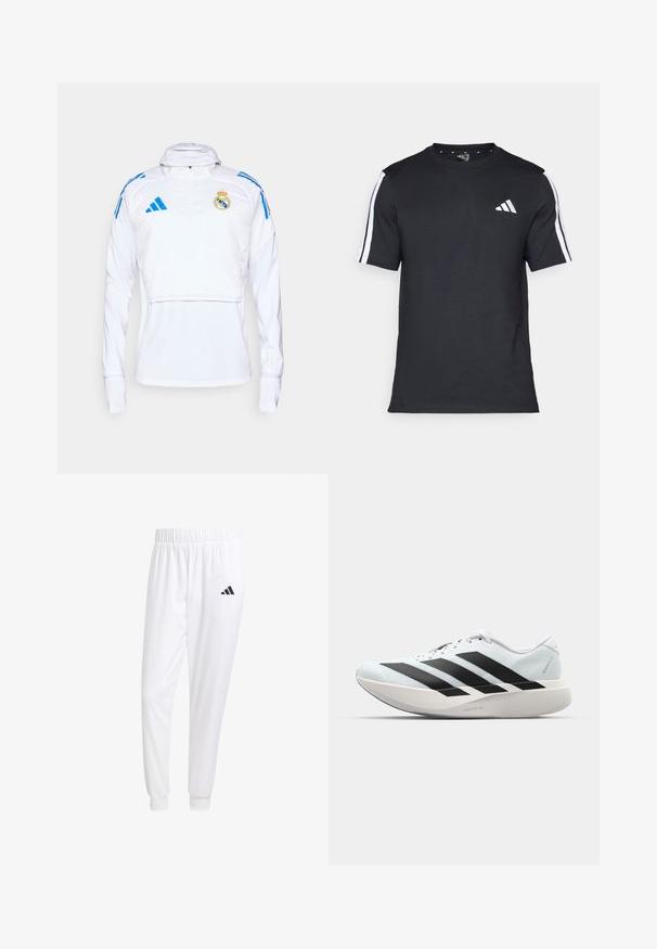 Vit sportpullover med långa ärmar, halvdragkedja och blå detaljer. Har Real Madrid:s märke och Adidas-logotyp. Slät textur.; Svart T-shirt i bomull med korta ärmar, prydd med vita ränder på axlarna och en vit logotyp på vänster bröst.; Vita atletiska byxor gjorda av slät tyg, med resårmidja och åtsittande manschetter, samt en svart logotyp på bakfickan.; Lätta löparskor i ljusblått med svarta ränder. Har en slät ovandel, rund tå och tjock vit mellansula märkt "LIGHTSTRIKE PRO."