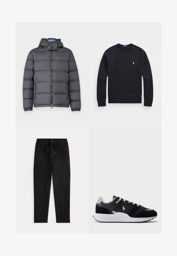 Polo Ralph Lauren DECKER INSULATED FIELD JACKET - Doudoune - black; Sweat-shirt noir en mélange de coton, avec un col rond, des manches longues, des poignets et un ourlet côtelés, et un petit logo brodé sur la poitrine.; Pantalons décontractés noirs avec taille élastique, cordon de serrage, bouton avant et poches latérales, présentés sur un fond uni.; Baskets basses noir et blanc avec une tige en mesh et en daim, lacets blancs, semelle blanche et un logo de joueur de polo sur le côté.