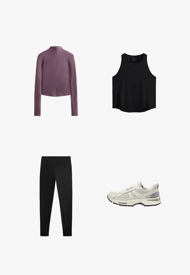 Jachetă ajustată, cu mâneci lungi, cu fermoar, dintr-un material moale de culoare mauve. Prezintă cusături plate și un guler înalt, având o siluetă modernă, bine structurată.; Top negru fără mâneci, realizat dintr-un material neted, cu un decolteu rotund, croială dreaptă și panouri laterale cu o textură discretă.; Leggings negre dintr-un material neted și elastic. Design cu talie înaltă, detalii la glezne și fără modele vizibile sau accesorii.; Pantof sportiv bej cu partea superioară din plasă texturată și accente netede. Dispune de o talpă amortizată, vârf întărit și talpă exterioară din cauciuc negru.