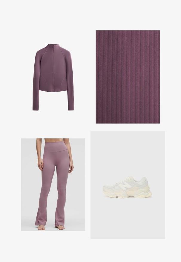 Feszes, hosszú ujjú, cipzáras dzseki puha mályva színű anyagból. Laposan varrott varrásokkal és magas gallérral rendelkezik, modern, időtálló siluettel.; Sötétlila bordázott anyag, függőleges vonalakkal és puha textúrával. Az anyag enyhén plüssös hatású, finom fénylással.; Magas derekú, harang szabású leggings poros rózsaszínben, sima, rugalmas anyagból, tiszta varrásokkal és látható fémalkatrészek nélkül.; Könnyű sportcipő, amely hálós és velúr felsőrésszel rendelkezik, lágy krémszínű árnyalatokban, vastag talppal és háromdimenziós díszítésekkel.