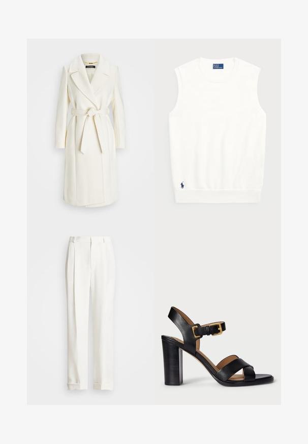Casaco branco em mistura de lã com cintura cingida, lapelas recortadas e mangas longas; apresenta um acabamento liso e texturizado e um design de comprimento médio.; Sweater branco sem mangas, feito de algodão liso, com uma bainha canelada e um pequeno logotipo em navy na parte inferior esquerda. Design simples, sem padrões.; Calças brancas ajustadas com dois pregas frontais, corte reto e barras com dobra. Feitas de um tecido liso, apresentando um design clássico.; Sandálias de salto alto em couro preto com design de tiras cruzadas e fecho com fivela. Apresentam um salto robusto e textura suave.