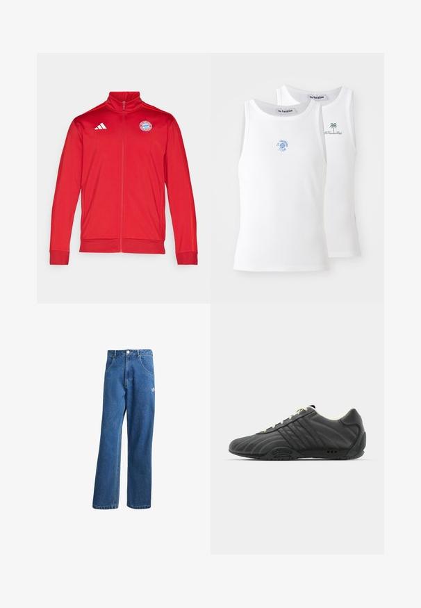Piros sportdzseki magas gallérral, teljes cipzárral, fehér Adidas logóval és Bayern München emblémával. Sima textúra és keskeny szabás.; Két fehér trikó, bordázott textúrával, kék és zöld hímzett logókkal. Az egyik napocska mintás, a másik pálmafás.; Kék, magas derekú, bő szárú farmernadrág elülső zsebekkel, övhurkokkal, gombos záródással és kicsi Adidas logóval a jobb combon.; adidas Originals ADIRACER UNISEX - Sportcipő - core black/cream white