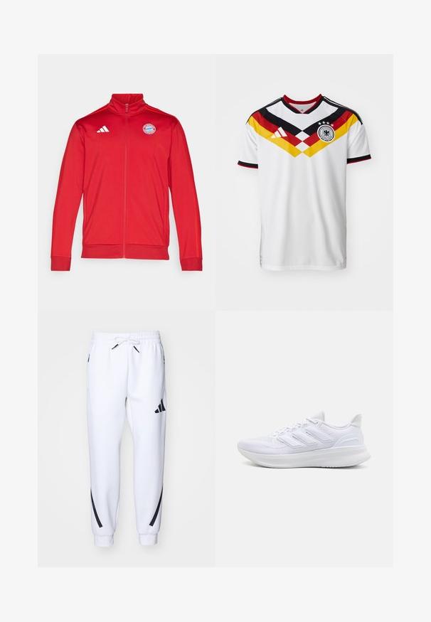 Chaqueta deportiva roja con cuello alto, cremallera completa, con el logo blanco de Adidas y el emblema del Bayern de Múnich. Textura suave y diseño ajustado.; Camiseta de fútbol blanca con detalles en negro y rojo, que presenta un diseño diagonal en amarillo y rojo, tres estrellas y el logo de Adidas.; Pantalones deportivos blancos con detalles en negro, confeccionados en una tela suave, que cuentan con una cintura elástica, cierre con cordón y bolsillos laterales.; Zapatillas deportivas blancas con una parte superior de malla texturizada, suela acolchada y soporte, y un diseño de tres rayas en el lateral.