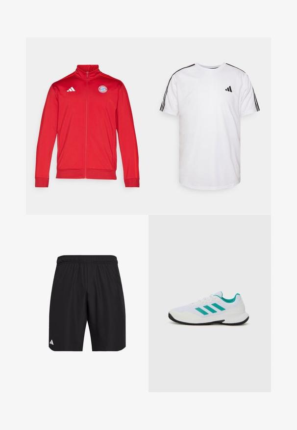 Rode sportieve jas met hoge kraag, volledige rits, voorzien van het witte Adidas-logo en het embleem van Bayern München. Gladde textuur en aangesloten ontwerp.; Witte T-shirt van katoen met ronde hals, korte mouwen en zwarte drie-strepen accenten op de schouders; bevat een klein zwart logo.; Zwarte sportshorts met een elastische tailleband. Gemaakt van lichtgewicht stof, met een subtiele textuur en een klein wit logoaccent.; Witte sport schoen met turquoise accenten, bovenwerk van mesh, drie parallelle strepen aan de zijkant, gestructureerde hak en een zwarte rubberen zool.
