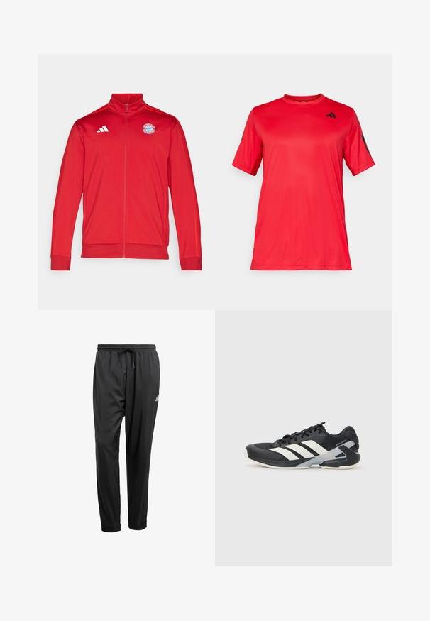 Rød sportsjakke med høy krage, hel glidelås, med hvit Adidas-logo og Bayern München-emblem. Glatt tekstur og tettsittende design.; Rød kortermet treningsskjorte med rund hals, laget av glatt, lett stoff; har en svart logo på brystet og ermer.; Svarte treningsbukser med elastisk linning, snor, mansjetter på anklene og en liten hvit logo på høyre lår.; Svart treningssko med hvite striper, mesh-overdel, avrundet tå og polstret såle. Har en teksturert hæl og et sikkert snøresystem.