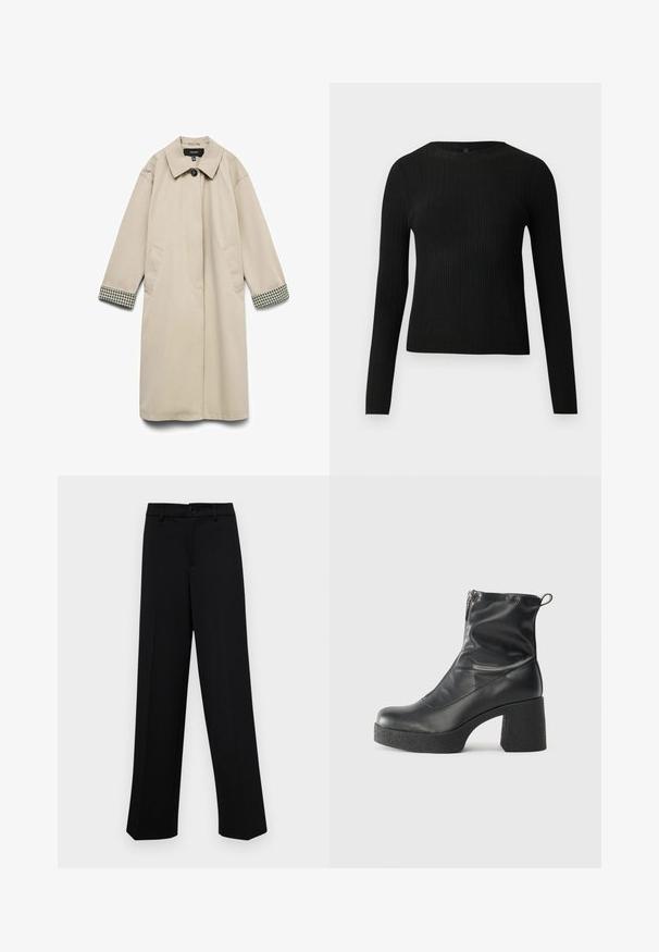 Abrigo beige con un amplio cuello, dos bolsillos laterales y acentos de cuadros en blanco y negro en los puños. Tela suave y ligera.; Suéter negro de manga larga ajustado con estampado de canalé y cuello redondo, exhibido sobre un fondo claro y liso.; Pantalones de pierna ancha negros, hechos de un tejido suave, con una cintura clásica que incluye un cierre de botón y pliegues frontales.; Botines negros de tobillo, hechos de cuero suave, con cierre lateral, tacón grueso texturizado y diseño de punta redondeada.