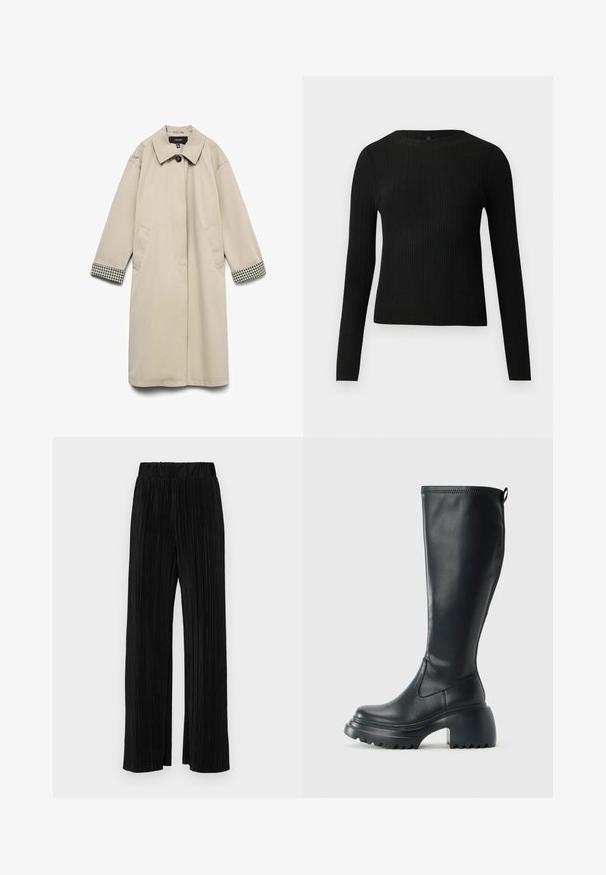 Beez värvi mantel, millel on lai krae, kaks külgtaskut ja ruudulised must-valged aktsendid varrukatel. Sile ja kerge kangas.; Mustmustriibuline must pikavarsiline sobiv sviiter ümmarguse kaelusega, esitatud helehallil taustal.; Mustad pleekitud püksid elastse vöökohtaga. Omavad laiad jalad ja sujuvat, tekstureeritud kangast vertikaalsete triipudega.; Kõrge must nahksaapad, millel on massiivne platvormi tald ja blokk-kand, varustatud tõmbenööriga ja tekstuuriga väljatõmbejääk.