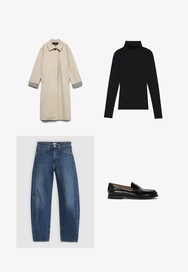 Beige frakke med en bred krave, to sidelommer og ternede sort-hvide accenter ved ærmerne. Glat, let stof.; Sort højhalset bluse med lange ærmer, lavet af ribbet stof, har et tætsiddende design med en høj krave og uden mønstre eller detaljer.; Mørkeblå denim jeans med lige ben-design, der har forkæbbes lommer, kontrastsyninger og en subtil falmet tekstur på benene.; Sorte læder loafers med en rund tå, slidserdesign og subtile syninger langs overdelen. Flad gummisål.