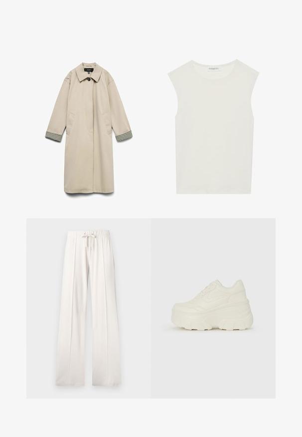 Beige frakke med en bred krave, to sidelommer og ternede sort-hvide accenter ved ærmerne. Glat, let stof.; Hvid ærmeløs top med rund halsudskæring. Lavet af glat stof, har den en afslappet pasform og minimalistisk design. Ingen mønstre eller accenter.; Lys beige sweatkorts lavet af blødt stof, med snoretræk i taljen, brede ben og lodrette sømme, samt en glat tekstur.; Hvide platform sneakers med en glat læderlignende overdel, rund form, polstret krave og struktureret gummisål med definerede riller.