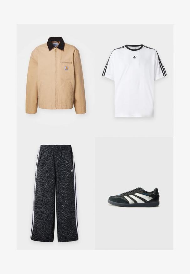 Béžová bunda s hnedým kordovým golierom, zlatým zipsom a prednou vreckom s logom. Vyrobená z odolnej textílie.; Biela tričko vyrobené z bavlny, so čiernym okrúhlym výstrihom a tromi čiernymi pruhmi na každom pleci. Malé čierne logo na hrudi.; adidas Originals GRAPHIC UNISEX - Tepláky - black; adidas Performance PREDATOR FREESTYLE JUDE INDOOR FOOTBALL SHOES - Halové kopačky - core black/silver-coloured/glory blue