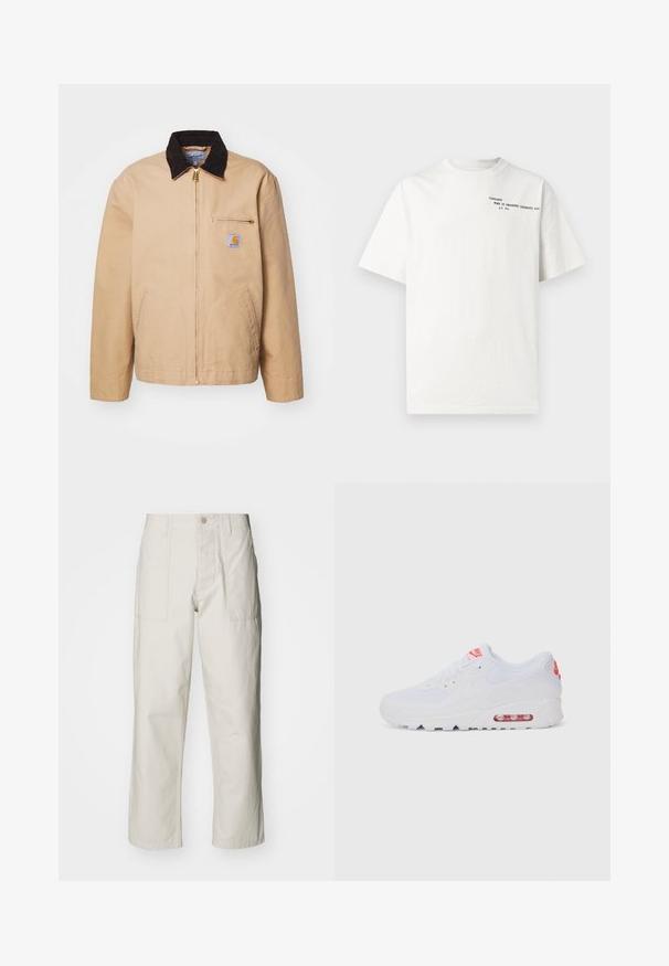 Beige jakke med en brun fløjlskrave, gylden lynlås og en frontlomme med et logo patch. Fremstillet af slidstærkt stof.; Hvid bomuld t-shirt med korte ærmer, rund halsudskæring og sort trykt tekst på brystet med teksten "Carhartt Work in Progress 1989."; Lysebeige brede bukser lavet af bomuld. Har forlommer og en knaplukning. Glat tekstur med subtile lodrette linjer.; Hvide atletiske sneakers med en glat overdel, snørebåndslukning, polstret sål og en synlig luftenhed med røde akcenter på brandingen.