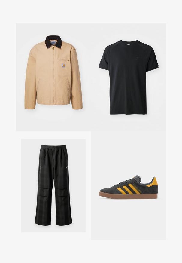 Giacca beige con colletto in velluto a coste marrone, zip dorata e tasca anteriore con un'etichetta con logo. Realizzata in tessuto resistente.; T-shirt in cotone nero con colletto crew, maniche corte e design raglan. Presenta un logo testurizzato sul lato sinistro del petto. Finitura liscia.; Pantaloni a quadri neri con vita elasticizzata, due tasche frontali e una vestibilità ampia con design a gamba dritta. Realizzati in materiale leggero.; Sneaker in suede nero con dettagli gialli, dotato di tre strisce e una suola in gomma marrone. Include una linguetta imbottita per il comfort.
