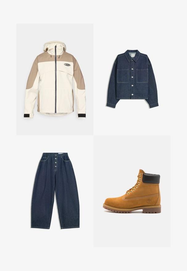 Beige ja kevytruskea huppari, jossa on täysi vetoketju edessä ja säädettävät tarranauha-hihansuut, ja jossa on pieni musta logo rinnassa.; Tumma sininen farkkutakki, jossa on lyhennetyt hihat, terävä kaulus, kaksi etutaskua ja hopeiset napit. Mukana näkyvät ompelusaumat.; Tummansiniset farkkuliivihousut, joissa on korkea vyötärö, viiden napin sulkumekanismi ja viisi taskua. Housuissa on ompeluaksentteja saumoissa.; Valkoinen nahkainen nilkkuri mustalla pehmustetulla kauluksella, kultaisilla metallisilla rei'illä, valkoisella ompeluksella ja jykevällä kumipohjalla, jossa on selvästi näkyvät urat.