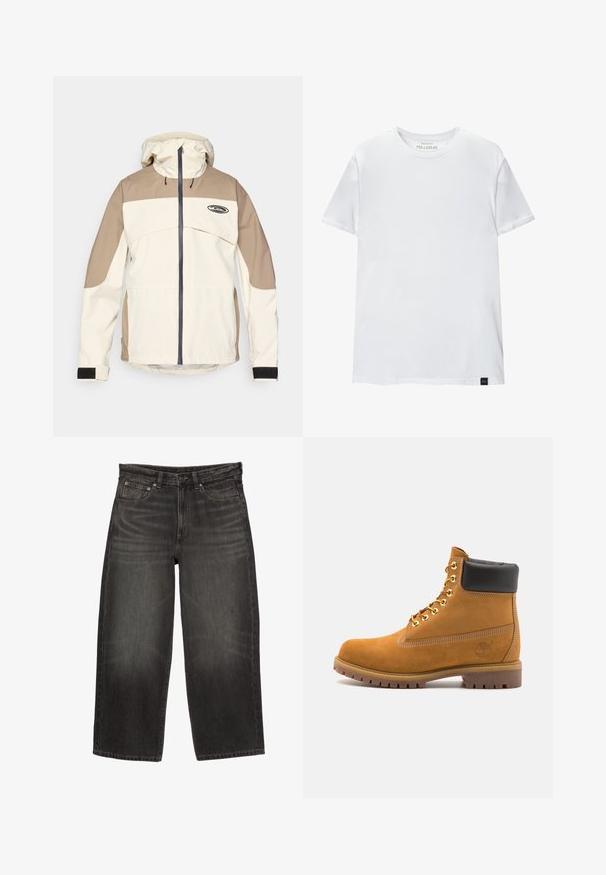 Bežová a svetlohnedá mikina s kapucňou, s kompletným predným zipsom a nastaviteľnými suchými zipsami na manžetách, so malým čiernym logom na hrudi.; Biela tričko priliehajúceho strihu vyrobené z bavlny. Okrúhly výstrih, krátke rukávy, hladká textúra. Malá čierna nášivka s logom na lemovaní. Jednoduchý dizajn.; Čierne široké denimové džínsy s prednými vreckami, pútkami na opasok a zapínaním na gombík, s jemným blednutím a záhybmi.; Tyrkysové semišové členkové topánky s čiernym polstrovaným golierom, zlatými kovovými očkami, bielym prešívaním a robustnou gumovou podrážkou s výraznými drážkami.