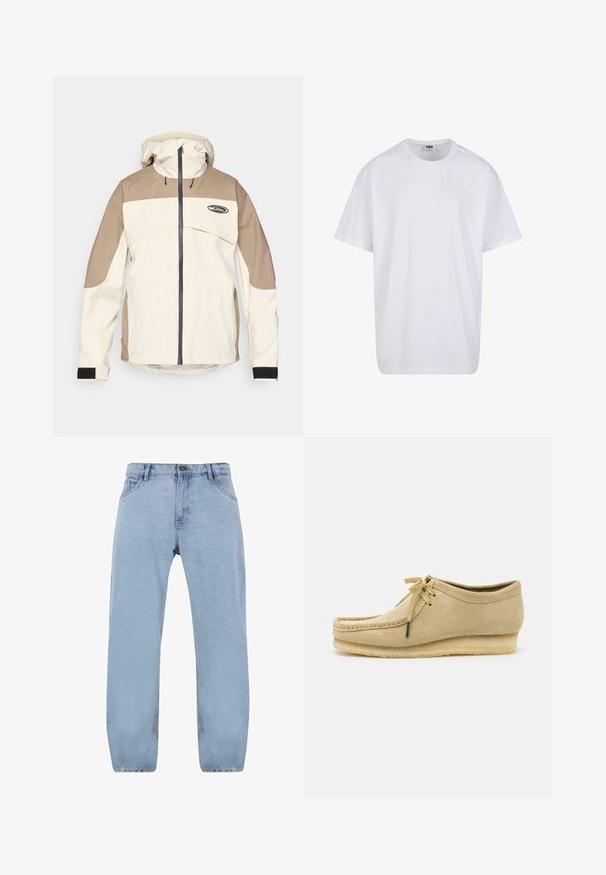 Beige och ljusbrun huvjacka med hel dragkedja fram och justerbara kardborrefästen, med en liten svart logotyp på bröstet.; Vit bomull t-shirt med korta ärmar, rundad halsringning, avslappnad passform och utan synliga logotyper eller mönster. Slät textur och minimal design.; Ljusblå denimjeans med raka ben, som har fyra fickor, dragkedja och detaljer i guldiga sömmar.; Beige mockaskinnssko med snörning, sydda detaljer och gummisula. Formen är avslappnad med en lätt kilklack.