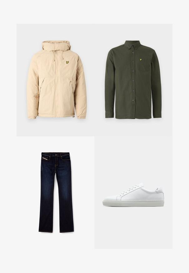 Beige leichte Jacke mit Kapuze, mit einem Reißverschluss, elastischen Bündchen und einem kleinen schwarzen und gelben Logo auf der Brust.; Dunkelgrünes Langarm-Hemd mit Knopfleiste, Button-Down-Kragen, Brusttasche und kleinem gelben bestickten Vogel-Logo auf der Tasche.; Dunkelblaue Jeans aus Denim mit geradem Bein, ausgestattet mit orangefarbenen Nähten, einem Reißverschluss und Vordertaschen. Glatte Textur und Standardbund.; Weißer Sneaker mit glattem Lederobermaterial und niedrigem Profil. Verfügt über eine runde Zehenpartie, sechs Ösen und eine strukturierte Gummisohle.