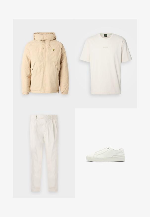 Beige letvægtsjakke med hætte, der har lynlås lukning, elastiske manchetter og et lille sort og gult logo på brystet.; BOSS TEE - T-shirts basic - open white; Hvide, plisserede bukser med en skræddersyet pasform, der har en glat overflade, bæltestropper og smalnede ben. Ingen synlige lommer eller mønstre.; Hvide lædersneakers med en tekstureret overdel, rund tå, minimalisk design og en gummisål med syede detaljer.