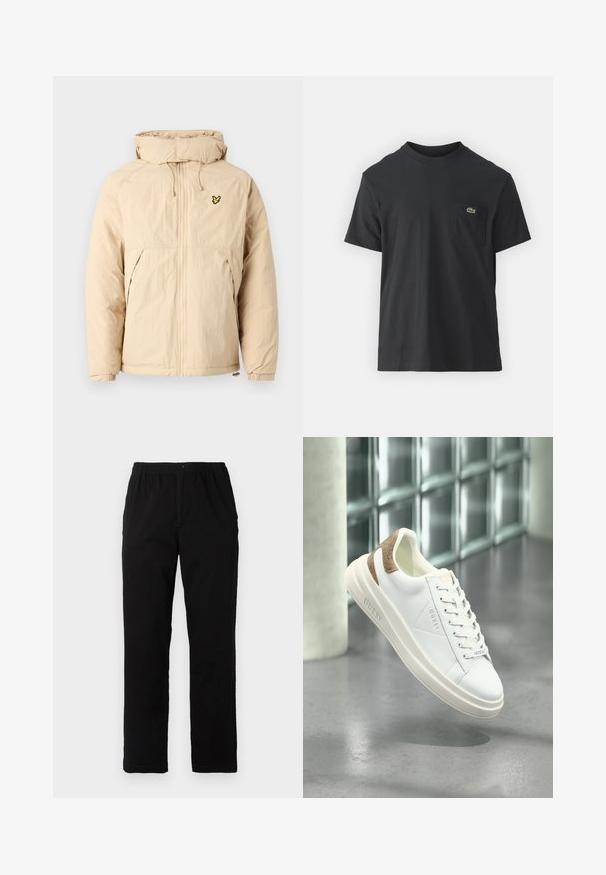 Beige lightweight jacket with a hood, featuring a zipper closure, elastic cuffs, and a small black and yellow logo on the chest.; Black cotton t-shirt with short sleeves, round neckline, and a small green logo on the left chest pocket. Simple design, regular fit.; Black pants made of cotton blend fabric, featuring a straight cut, elastic waistband with button, and no visible patterns or accents.; White leather sneaker with beige patterned accent on heel, smooth texture, lace-up design, and embossed branding on side.