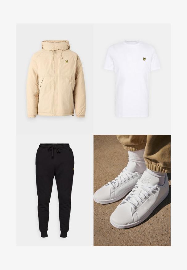 Giacca leggera beige con cappuccio, dotata di chiusura con zip, polsini elasticizzati e un piccolo logo nero e giallo sul petto.; T-shirt bianca in cotone con un piccolo logo ricamato nero e giallo sul lato sinistro del petto. Maniche corte e scollatura rotonda.; Pantaloni jogger neri in cotone con vita elastica, cordoncino e polsini a coste. Presentano un piccolo logo giallo sulla coscia sinistra.; Sneakers bianchi in pelle con superficie liscia, caratterizzati da un classico design con lacci, perforazioni per la traspirabilità e una suola in gomma testurizzata.