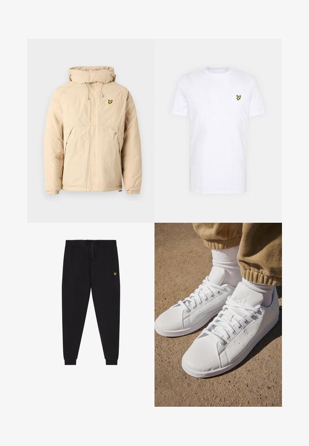 Beige lett jakke med hette, som har glidelås, elastiske mansjetter og en liten svart og gul logo på brystet.; Hvit bomulls T-skjorte med en liten svart og gul brodert logo på venstre bryst. Korte ermer og rund hals.; Lyle & Scott Joggebukse - nero; Hvite lær sneakers med en glatt overflate, med et klassisk snøresystem, perforeringer for pusteevne, og en teksturert gummiyttersåle.
