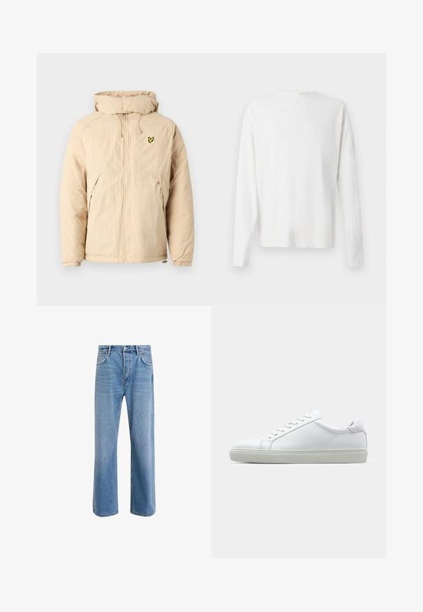 Beige leichte Jacke mit Kapuze, mit einem Reißverschluss, elastischen Bündchen und einem kleinen schwarzen und gelben Logo auf der Brust.; Langärmliges weißes Baumwollhemd mit rundem Ausschnitt, seitlichen Schlitzen am unteren Rand und glatter Textur, von hinten präsentiert.; Helle blaue Jeans im Geradeschnitt-Design, mit fünf Taschen, Knopfverschluss, minimaler Ausbleichung und kontrastierenden Nähdetails.; Weißer Sneaker mit glattem Lederobermaterial und niedrigem Profil. Verfügt über eine runde Zehenpartie, sechs Ösen und eine strukturierte Gummisohle.