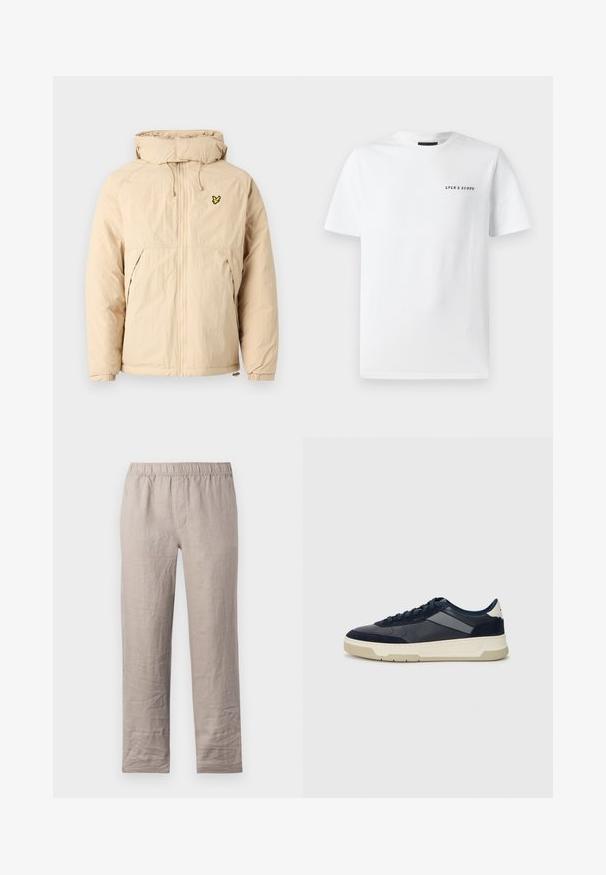 Šviesiai ruda lengva striukė su kapišonu, turinti užtrauktuką, elastingus rankogalius ir mažą juodai geltoną logotipą ant krūtinės.; Balta medvilnė t-shirt su apvalia apykakle, trumpomis rankovėmis ir juodu "LYLE & SCOTT" tekstu, atspausdintu viršutinėje kairėje krūtinės pusėje.; Šviesiai smėlio spalvos lino kelnės su elastinga juosta, tiesaus modeliavimo, be matomų kišenių. Lygus paviršius su nedideliais raukšlėmis.; BOSS BALTIMORE - Sportbačiai - open blue